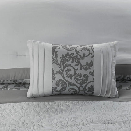 Set of Eight Gray And Ivory Damask Ring Stitch Polyester Sham And Comforter HomeRoots
