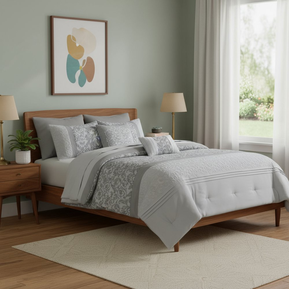 Set of Eight Gray And Ivory Damask Ring Stitch Polyester Sham And Comforter