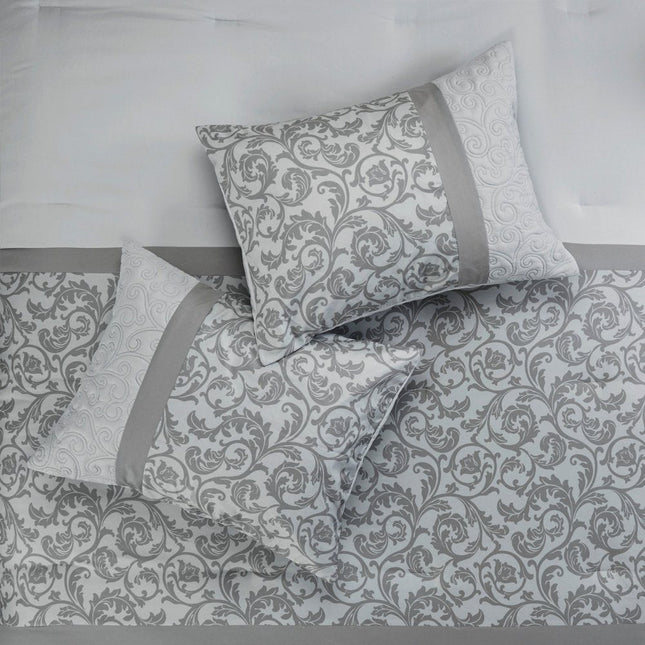 Set of Eight Gray And Ivory Damask Ring Stitch Polyester Sham And Comforter HomeRoots