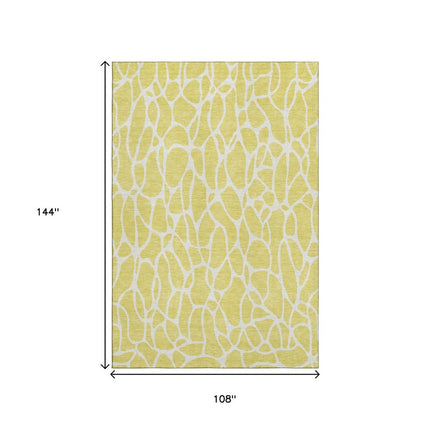 9' X 12' Yellow And Ivory Geometric Washable Area Rug With UV Protection