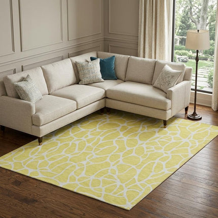 9' X 12' Yellow And Ivory Geometric Washable Area Rug With UV Protection