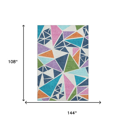 9' X 12' White Teal Pink And Orange Geometric Washable Area Rug With UV Protection