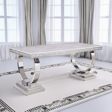 ACME 68250 Zander Dining Table, White Printed Faux Marble & Mirrored Silver Finish ACME Furniture
