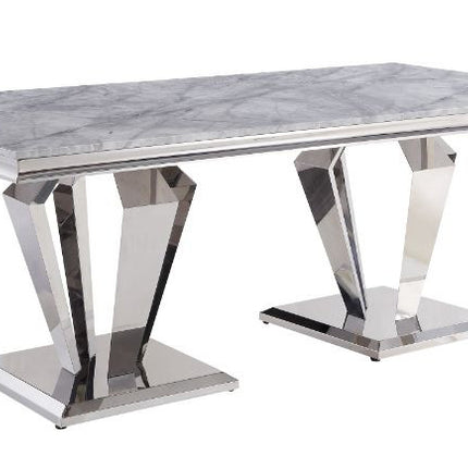 ACME 68265 Satinka Dining Table, Light Gray Printed Faux Marble & Mirrored Silver Finish