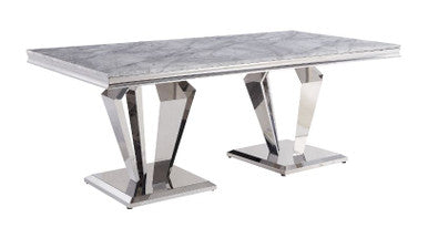 ACME 68265 Satinka Dining Table, Light Gray Printed Faux Marble & Mirrored Silver Finish ACME Furniture