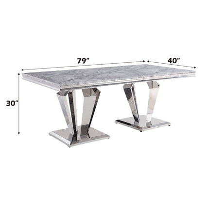 ACME 68265 Satinka Dining Table, Light Gray Printed Faux Marble & Mirrored Silver Finish