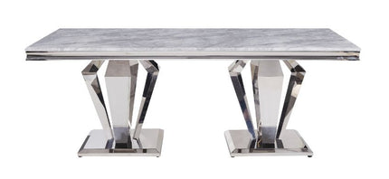 ACME 68265 Satinka Dining Table, Light Gray Printed Faux Marble & Mirrored Silver Finish