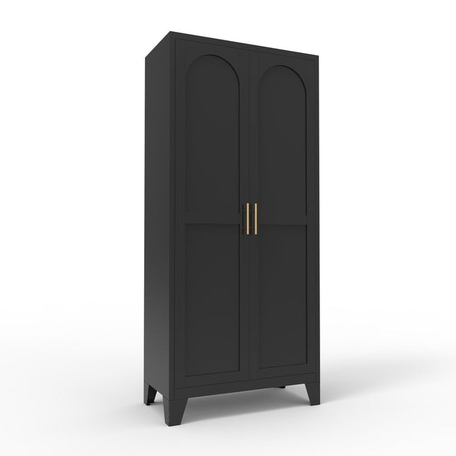 71" Black Stainless Steel Pantry Or Storage Closet With Arched Panel Doors HomeRoots