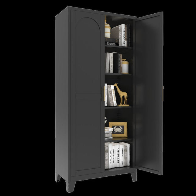 71" Black Stainless Steel Pantry Or Storage Closet With Arched Panel Doors HomeRoots