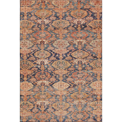 9' X 12' Terra Cotta And Blue Damask Washable Area Rug With UV Protection HomeRoots