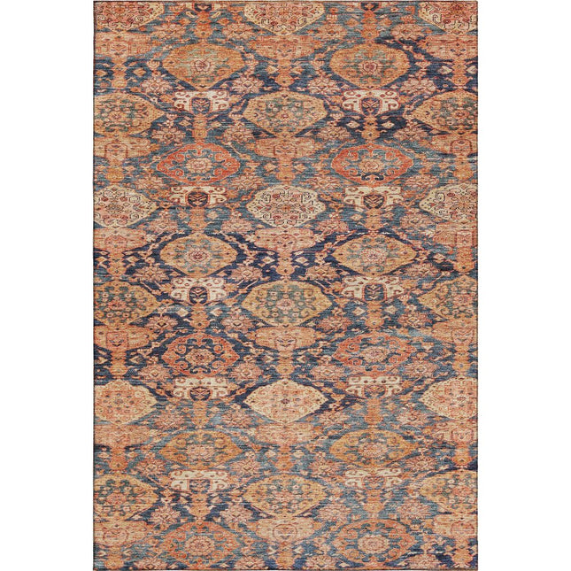 9' X 12' Terra Cotta And Blue Damask Washable Area Rug With UV Protection HomeRoots