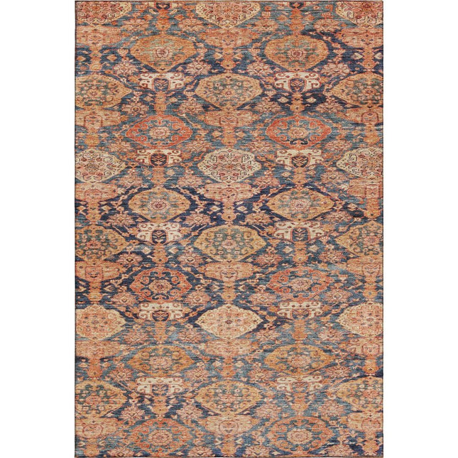 9' X 12' Terra Cotta And Blue Damask Washable Area Rug With UV Protection HomeRoots