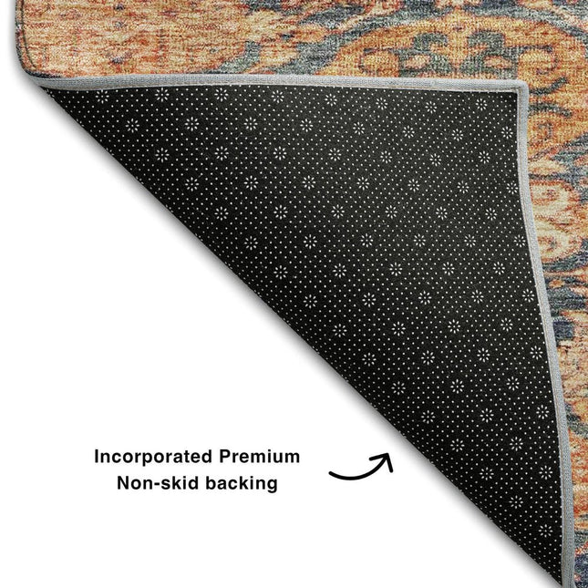 9' X 12' Terra Cotta And Blue Damask Washable Area Rug With UV Protection HomeRoots