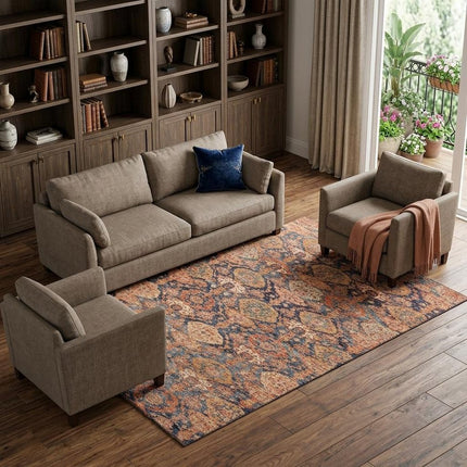 9' X 12' Terra Cotta And Blue Damask Washable Area Rug With UV Protection HomeRoots