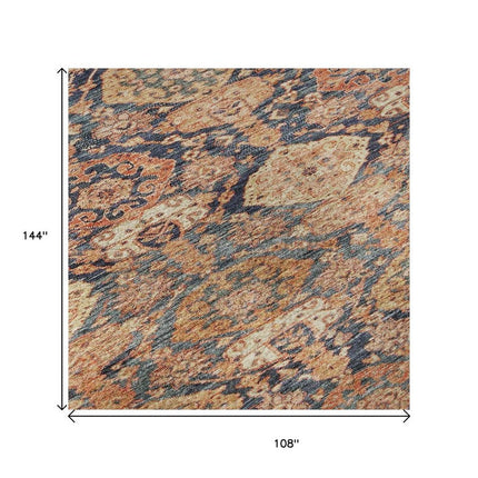 9' X 12' Terra Cotta And Blue Damask Washable Area Rug With UV Protection HomeRoots