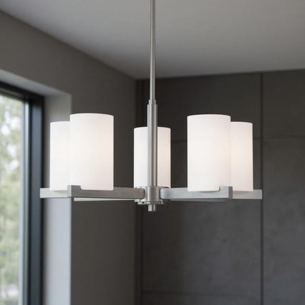 Nickel Five Light Metal Dimmable Chandelier With Shades