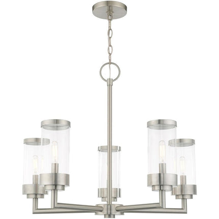 Nickel Five Light Metal Dimmable Chandelier With Shades