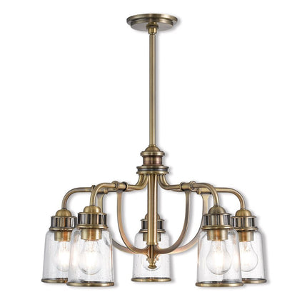 Antiqued Brass Five Light Metal Dimmable Chandelier With Shades
