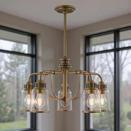 Antiqued Brass Five Light Metal Dimmable Chandelier With Shades
