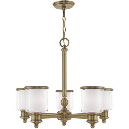 Antiqued Brass Five Light Metal Dimmable Chandelier With Shades