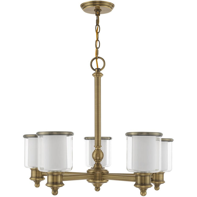 Antiqued Brass Five Light Metal Dimmable Chandelier With Shades HomeRoots