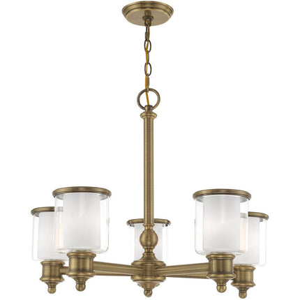 Antiqued Brass Five Light Metal Dimmable Chandelier With Shades