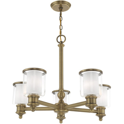 Antiqued Brass Five Light Metal Dimmable Chandelier With Shades