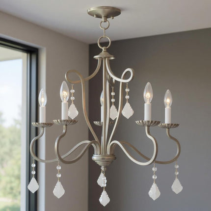 Nickel Five Light Metal Dimmable Chandelier With Shades