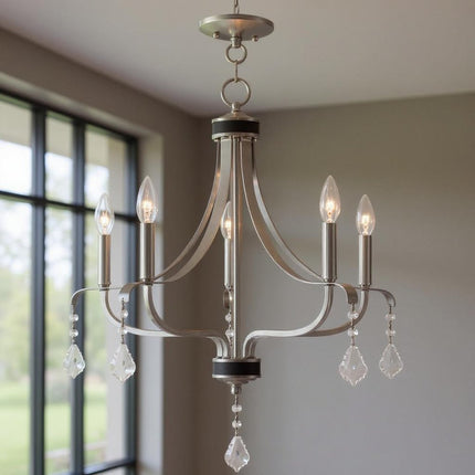 Nickel Five Light Metal Dimmable Chandelier With Shades