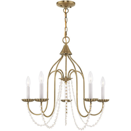 Antiqued Brass Five Light Metal Dimmable Chandelier With Shades
