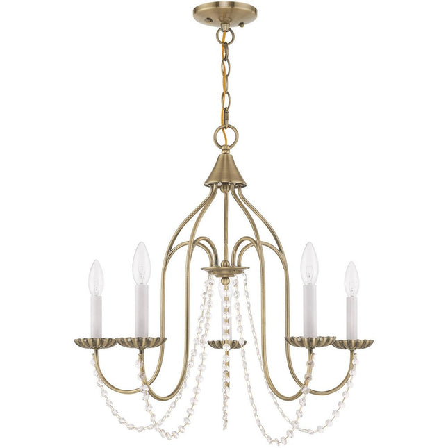 Antiqued Brass Five Light Metal Dimmable Chandelier With Shades HomeRoots