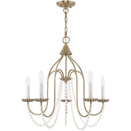 Antiqued Brass Five Light Metal Dimmable Chandelier With Shades