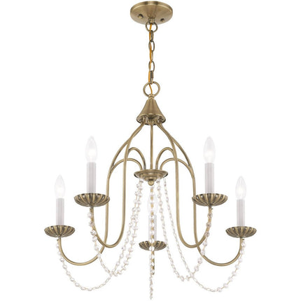Antiqued Brass Five Light Metal Dimmable Chandelier With Shades