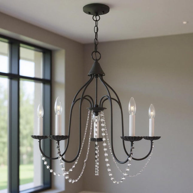 Black Five Light Dimmable Chandelier With Shades HomeRoots