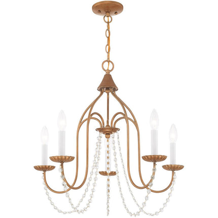 Antiqued Gold Five Light Metal Dimmable Chandelier With Shades