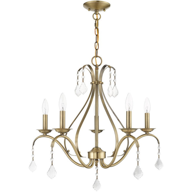 Antiqued Brass Five Light Metal Dimmable Chandelier With Shades