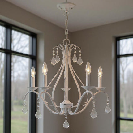 White Five Light Metal Dimmable Chandelier With Shades