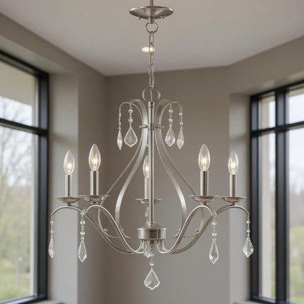 Nickel Five Light Metal Dimmable Chandelier With Shades