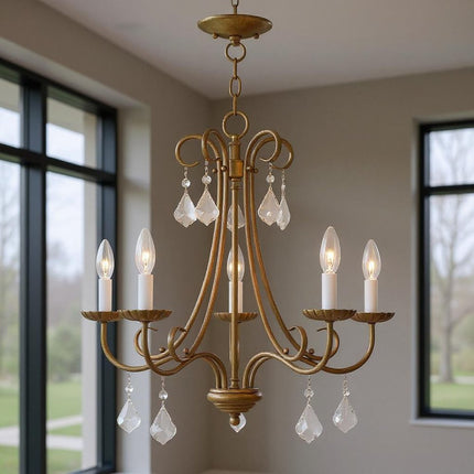 Antiqued Gold Five Light Metal Dimmable Chandelier With Shades