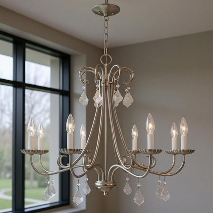 Nickel Eight Light Metal Dimmable Chandelier With Shades