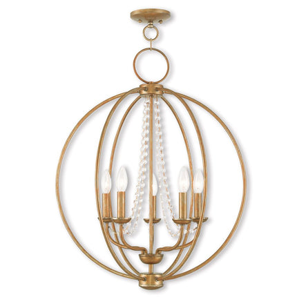Antiqued Gold Five Light Metal Dimmable Chandelier With Shades