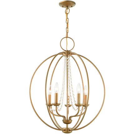 Antiqued Gold Five Light Metal Dimmable Chandelier With Shades