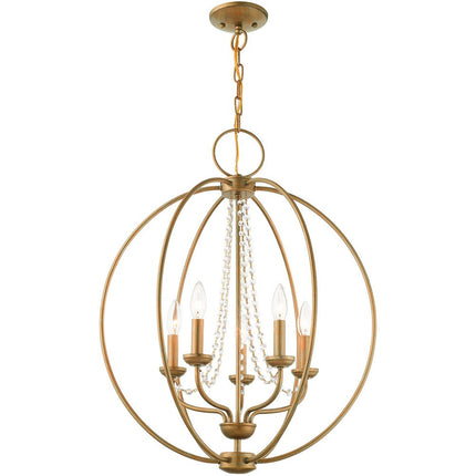 Antiqued Gold Five Light Metal Dimmable Chandelier With Shades