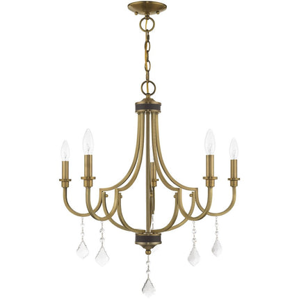 Antiqued Brass Five Light Metal Dimmable Chandelier With Shades