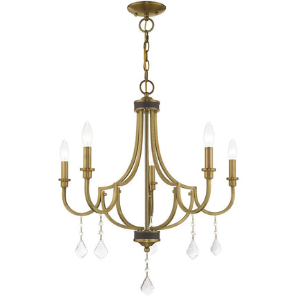 Antiqued Brass Five Light Metal Dimmable Chandelier With Shades