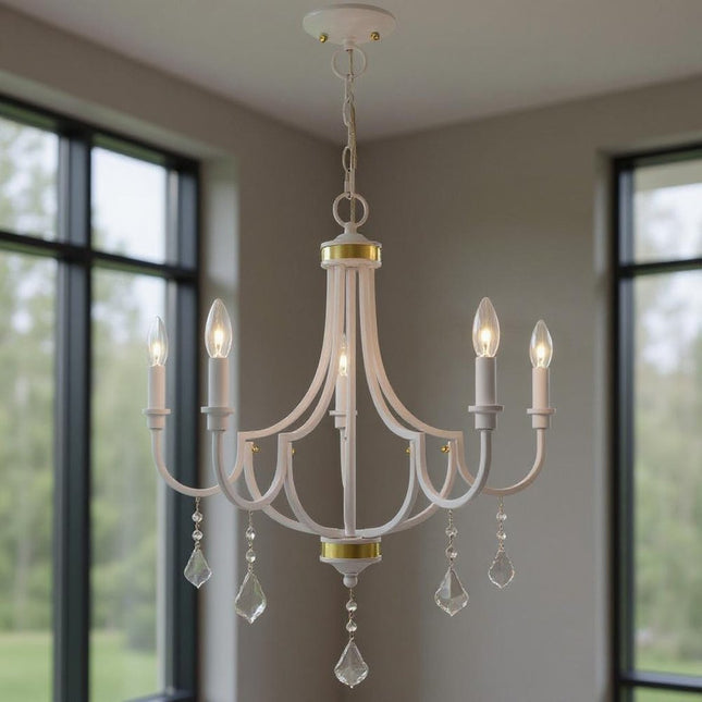 White Five Light Dimmable Chandelier With Shades HomeRoots
