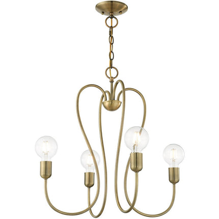 Antiqued Brass Four Light Metal Dimmable Chandelier With Shades