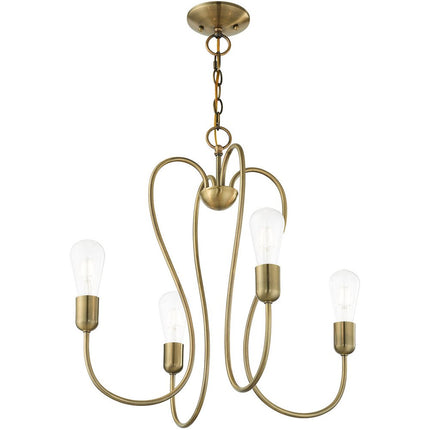Antiqued Brass Four Light Metal Dimmable Chandelier With Shades
