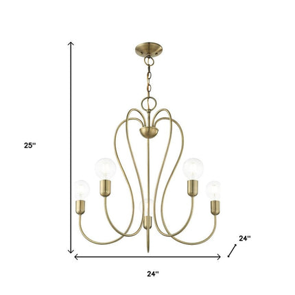 Antiqued Brass Five Light Metal Dimmable Chandelier With Shades