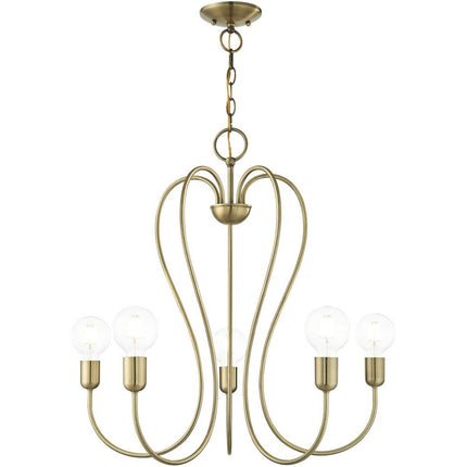 Antiqued Brass Five Light Metal Dimmable Chandelier With Shades